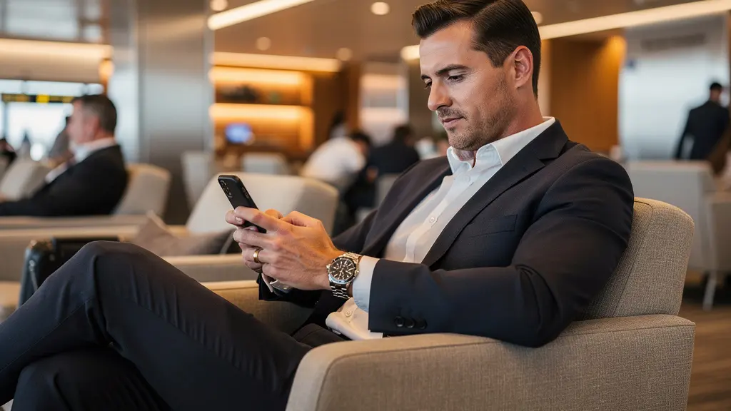Well-dressed traveller in airport lounge wearing luxury watch confidently