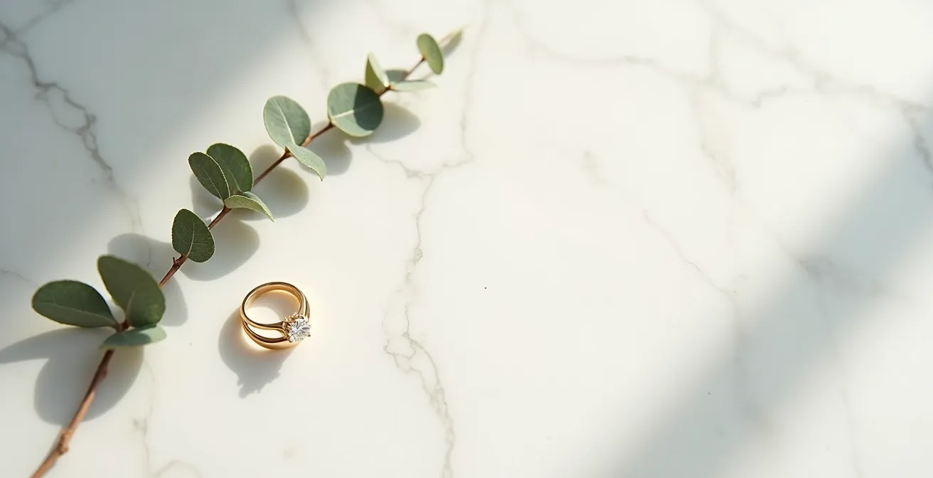 A pair of gold rings — a low-set engagement ring and a contoured wedding band — resting together on a smooth marble surface in soft natural daylight showing a seamless flush fit