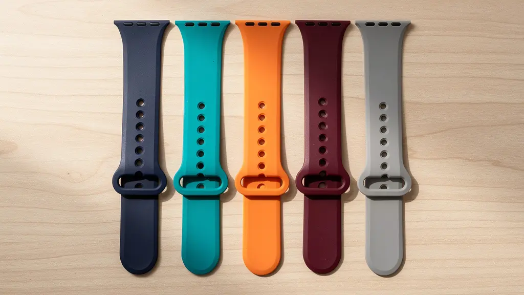Multiple FKM rubber watch straps arranged showing colour variety for Omega customisation