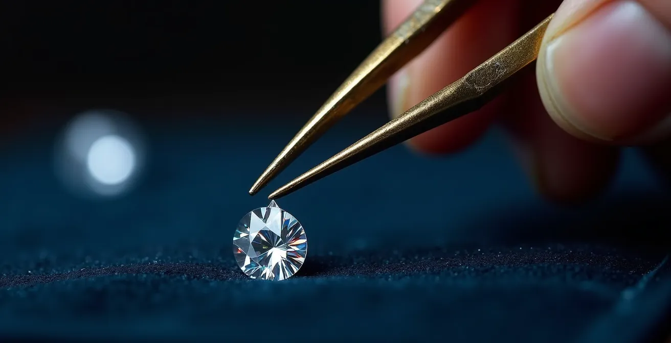 Extreme close-up of a jeweller's hand selecting a loose diamond with tweezers under a loupe, revealing the facets and brilliance of the stone against a dark velvet surface