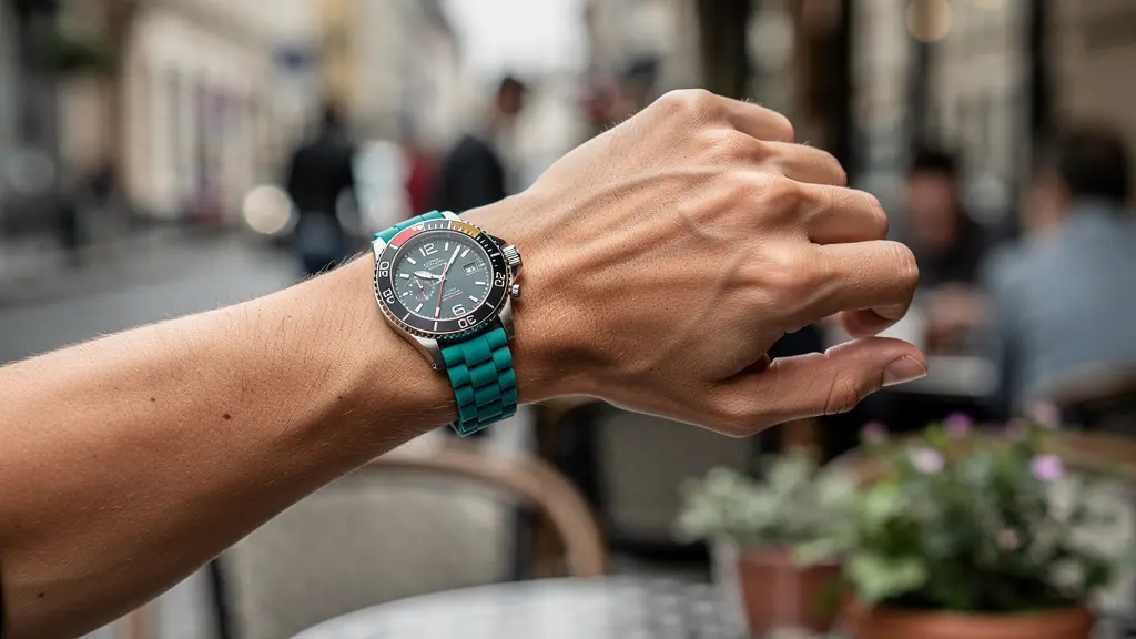 Omega Seamaster with teal rubber strap worn casually checking time