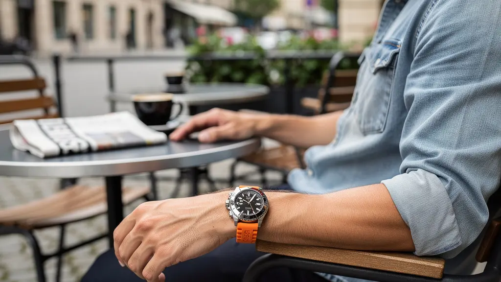 Person wearing Omega dive watch with orange rubber strap in casual weekend setting