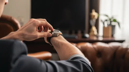 Collector examining Rolex bracelet clasp mechanism in upscale setting
