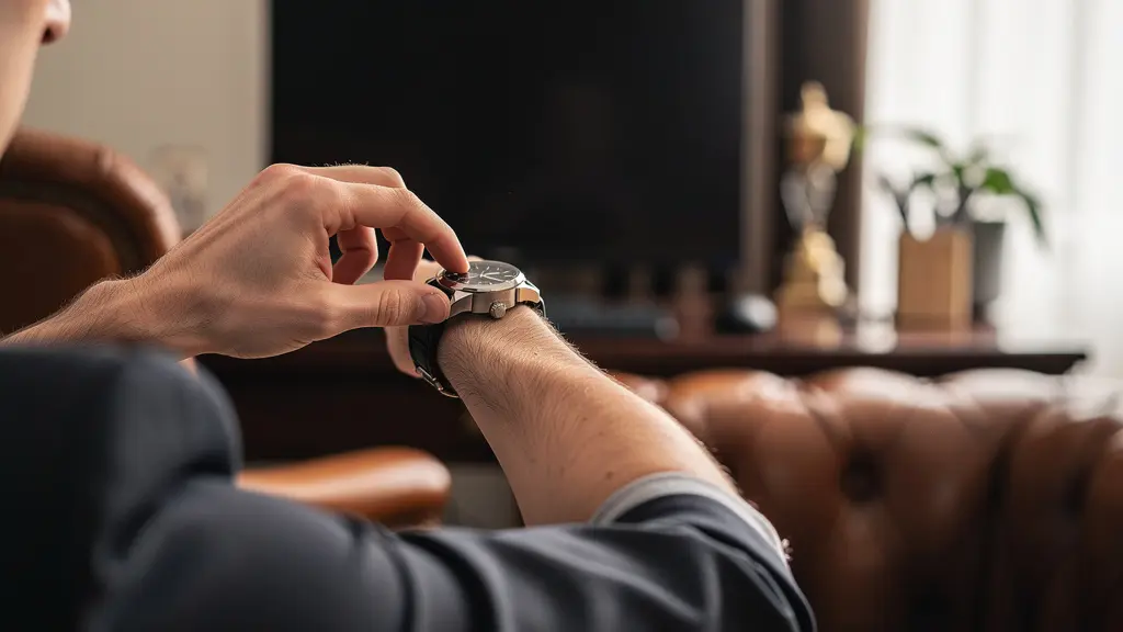 Collector examining Rolex bracelet clasp mechanism in upscale setting