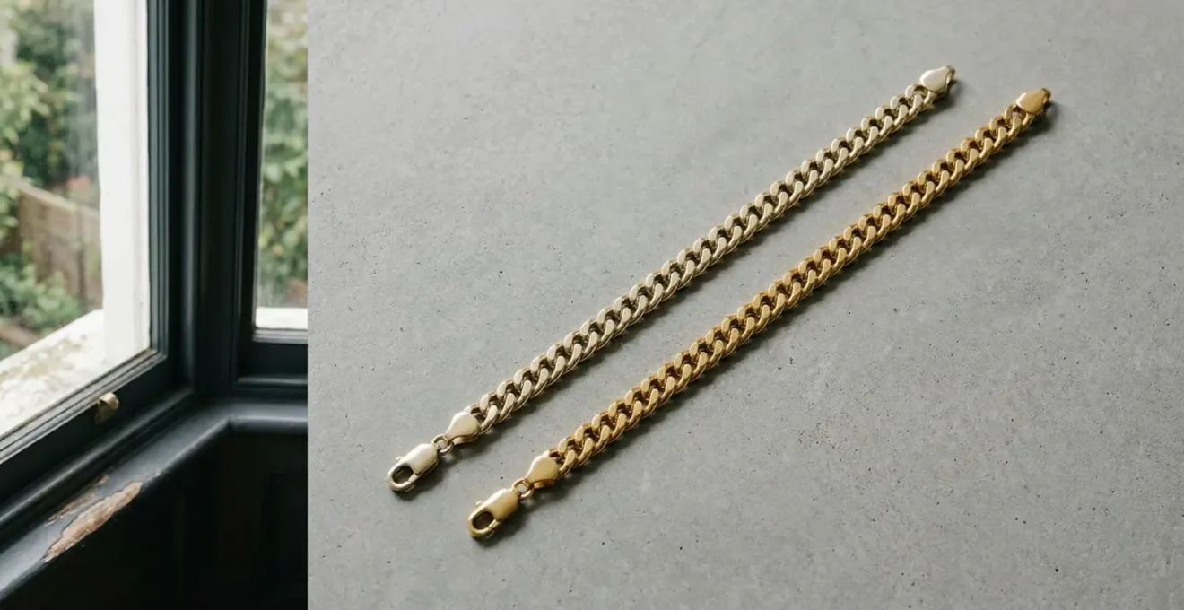 Visual comparison of 9ct and 18ct gold jewelry under different lighting conditions