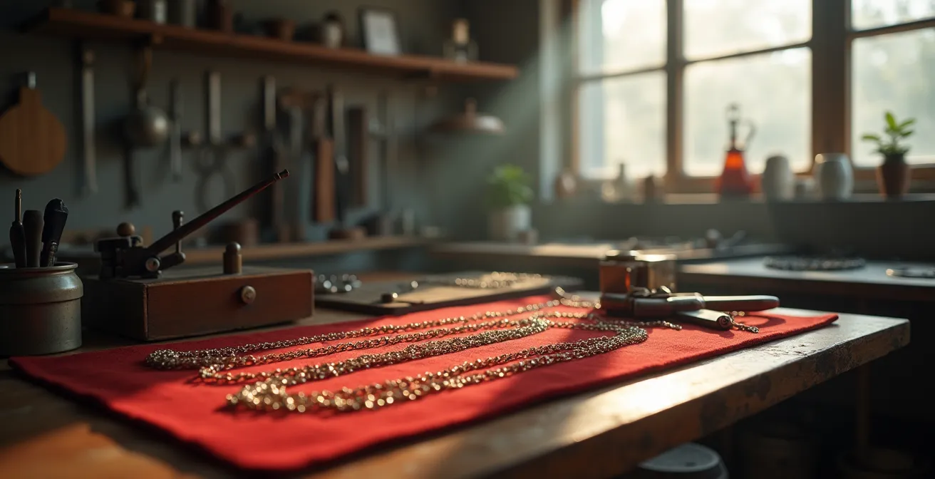 Wide angle view of vintage jewelry restoration workshop with tools and pieces in soft natural light