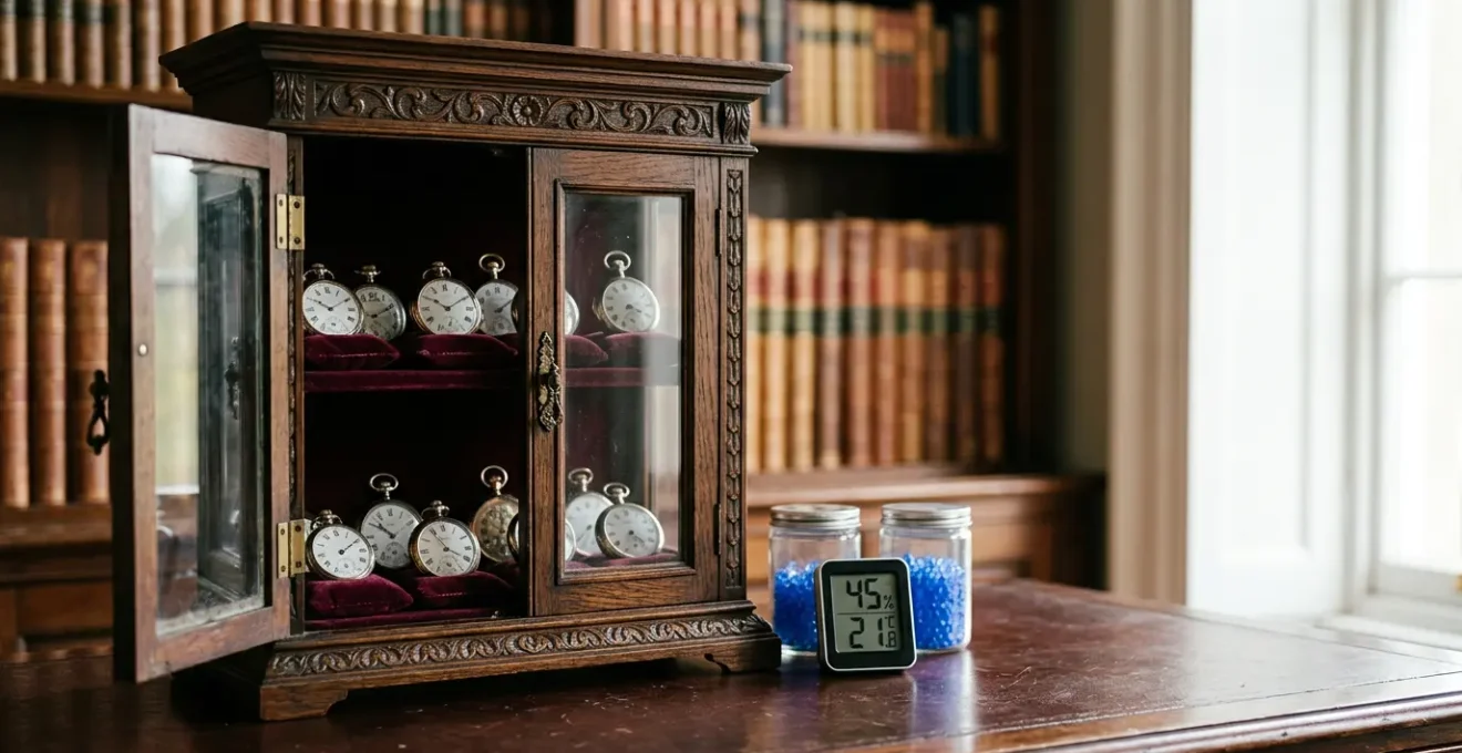 Antique pocket watches displayed in a Victorian wooden cabinet with humidity control equipment