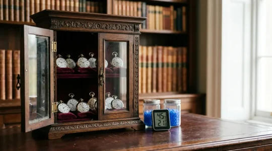 Antique pocket watches displayed in a Victorian wooden cabinet with humidity control equipment