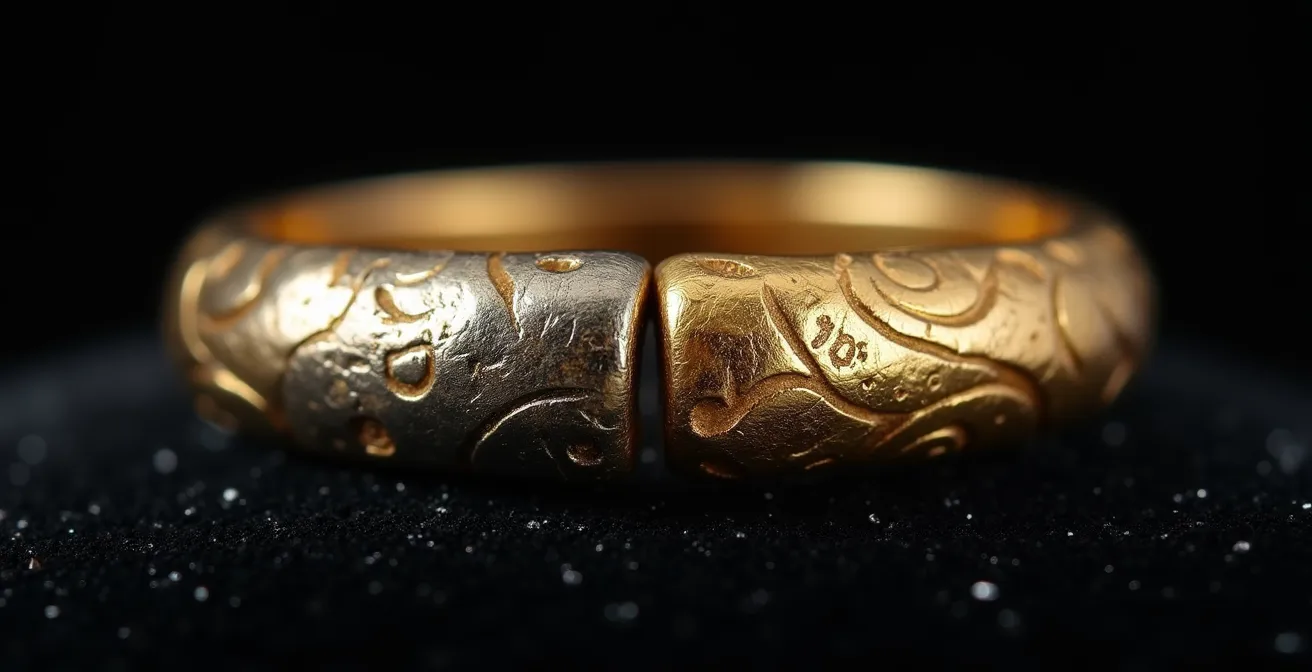 A split-screen macro photograph comparing a Victorian ring in its original, patinated condition on one side and a digitally rendered, restored version on the other.