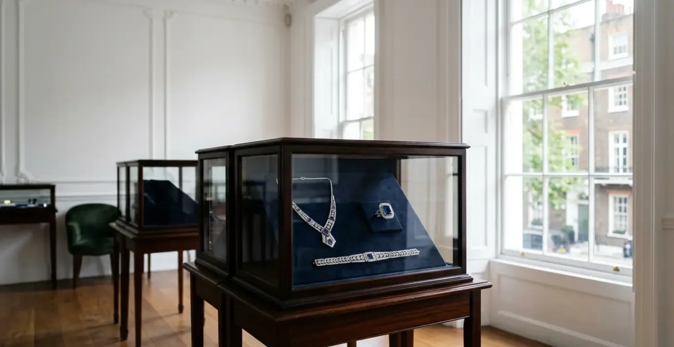 Vintage Art Deco platinum and diamond jewelry pieces displayed in a luxury London auction house setting