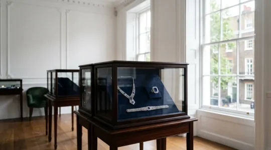 Vintage Art Deco platinum and diamond jewelry pieces displayed in a luxury London auction house setting