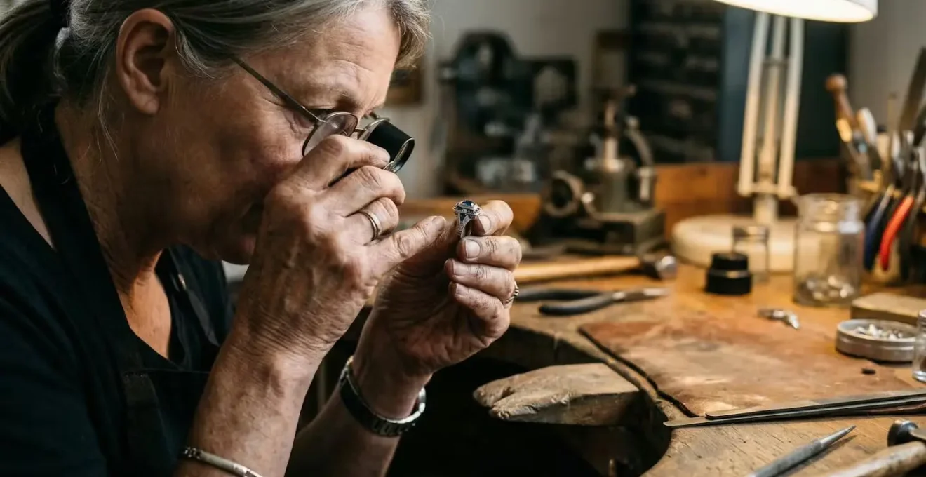 Master jeweler examining Art Deco ring with calibre-cut sapphires in Birmingham Jewellery Quarter workshop