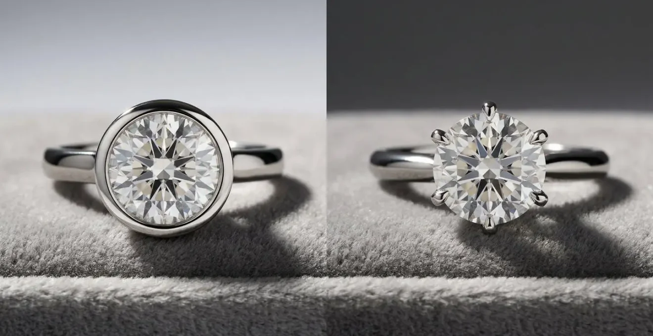 Side-by-side comparison of bezel and claw ring settings showing protection differences
