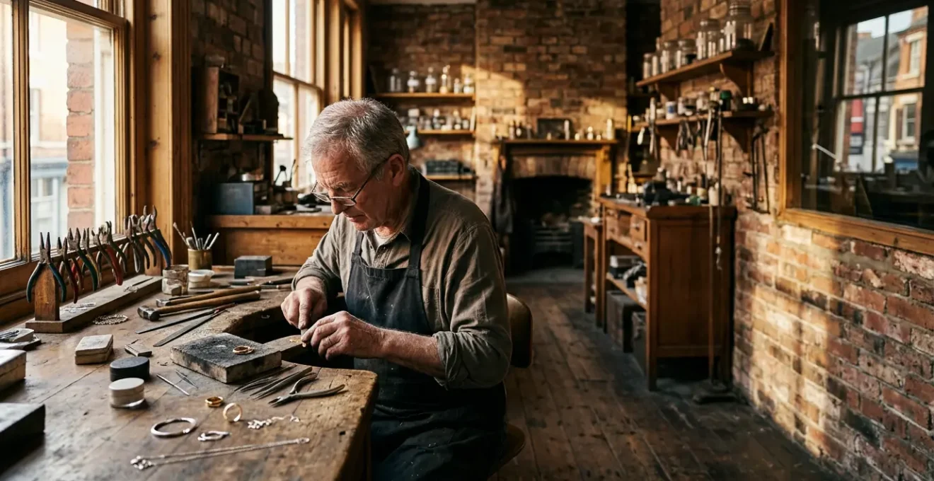 Master jeweller working on intricate piece in Birmingham workshop