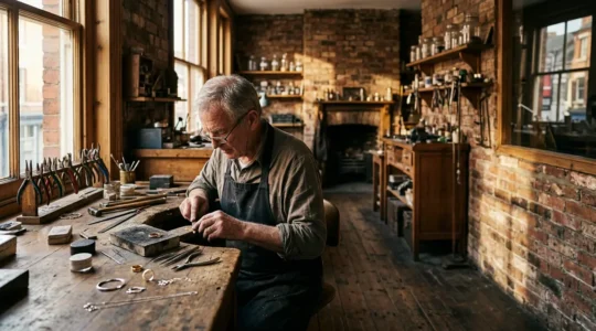 Master jeweller working on intricate piece in Birmingham workshop