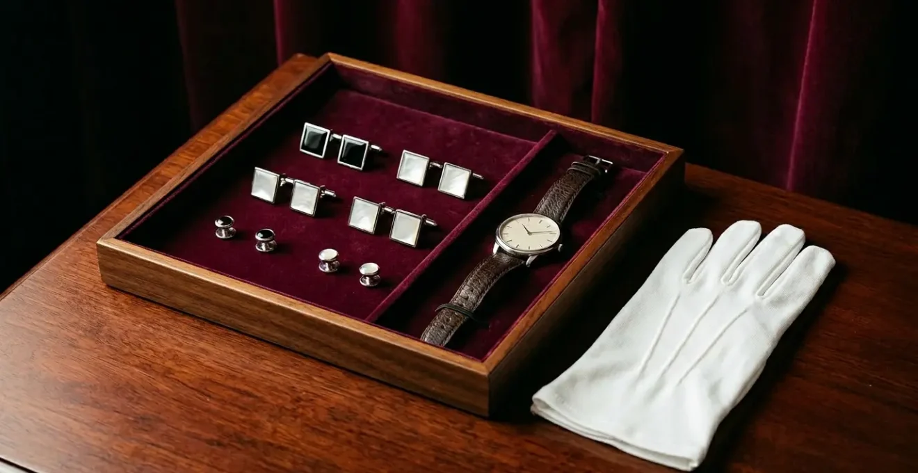 Elegant display of formal jewelry pieces with tuxedo studs and cufflinks for a black tie event