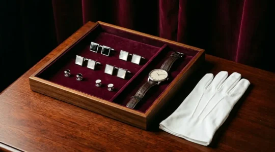 Elegant display of formal jewelry pieces with tuxedo studs and cufflinks for a black tie event