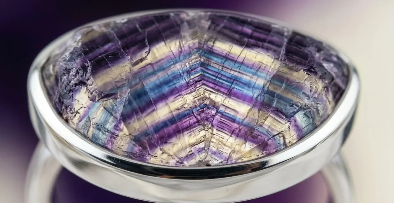 Close-up of Blue John fluorite showing its distinctive banded structure, safely housed within a protective silver bezel setting.