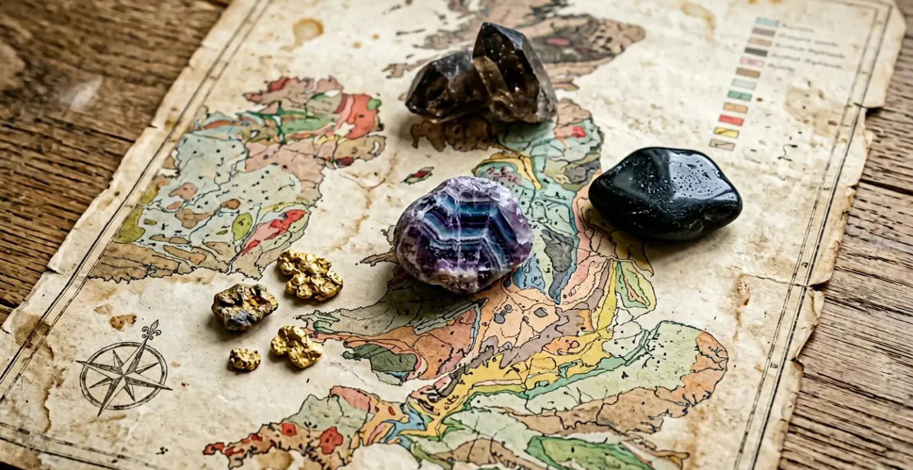 Collection of British gemstones including Blue John, Whitby Jet, and Cairngorm quartz arranged on geological map