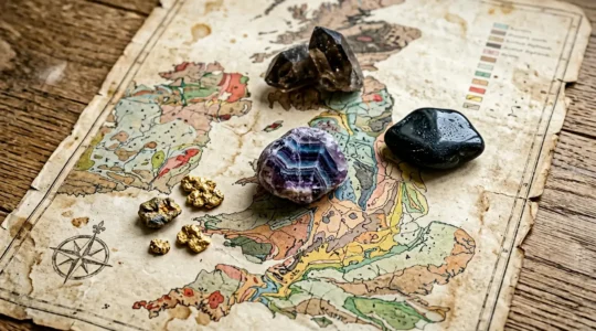 Collection of British gemstones including Blue John, Whitby Jet, and Cairngorm quartz arranged on geological map