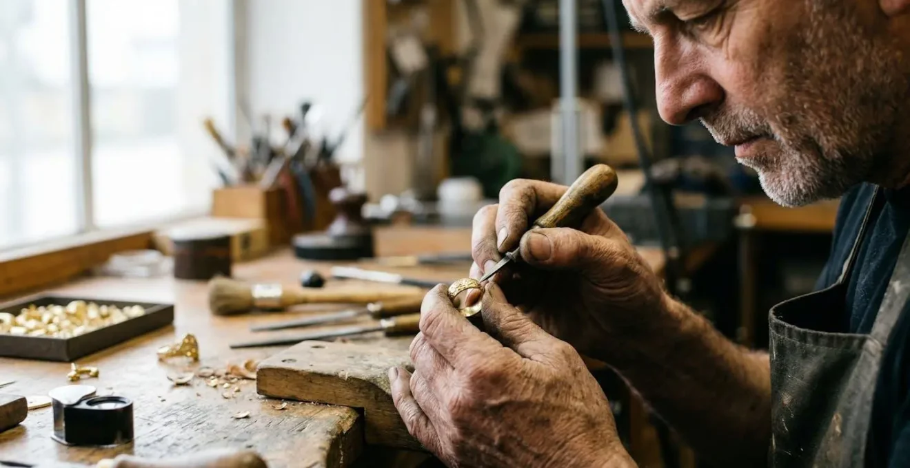 Master craftsperson's hands performing traditional British jewelry engraving techniques