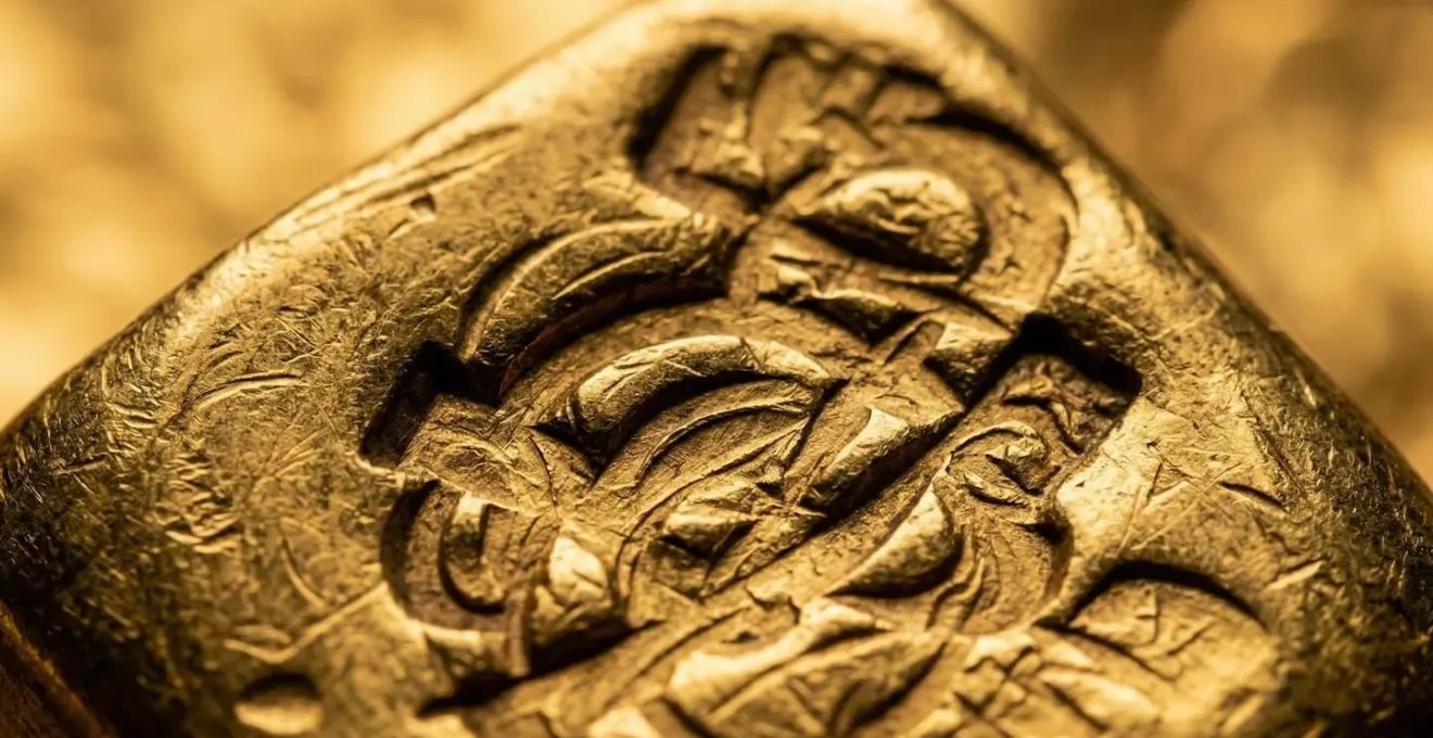 Close-up macro shot of British hallmark stamps on gold jewelry