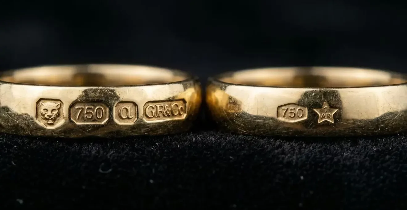 Extreme close-up comparison of British hallmarks and Italian purity stamps on antique gold jewellery
