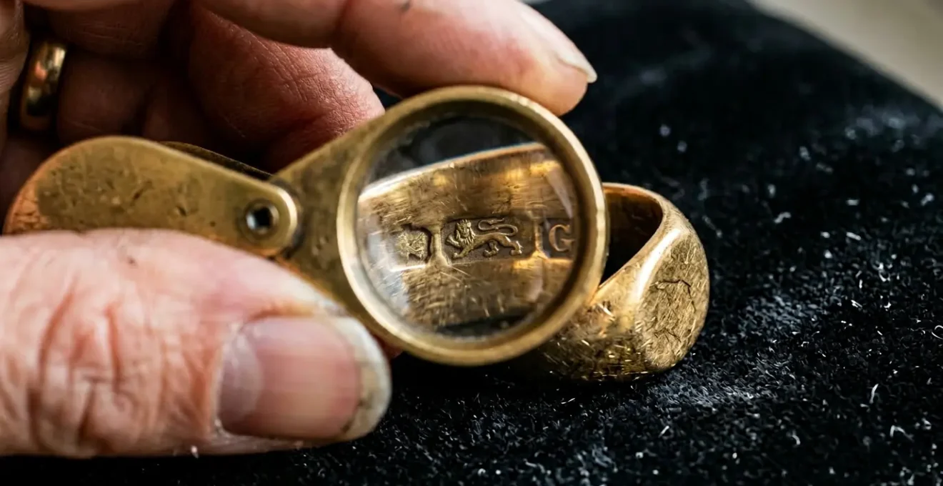 Close-up view of examining British hallmarks on a gold ring with a jeweller's loupe