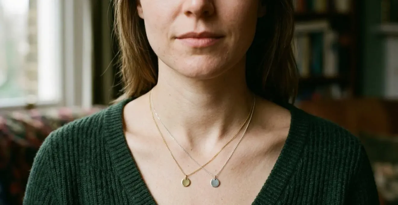 Soft portrait showing gold and silver jewelry against pale skin in natural British daylight