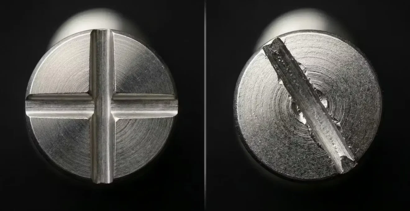 Macro comparison of authentic versus fake Cartier Love bracelet screw alignment