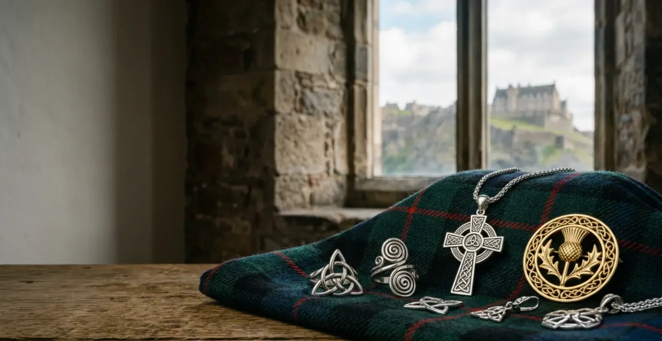 Artistic display of Celtic knotwork jewellery pieces on Scottish tartan fabric with Edinburgh Castle backdrop