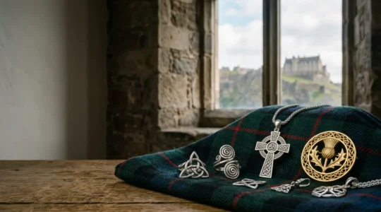 Artistic display of Celtic knotwork jewellery pieces on Scottish tartan fabric with Edinburgh Castle backdrop