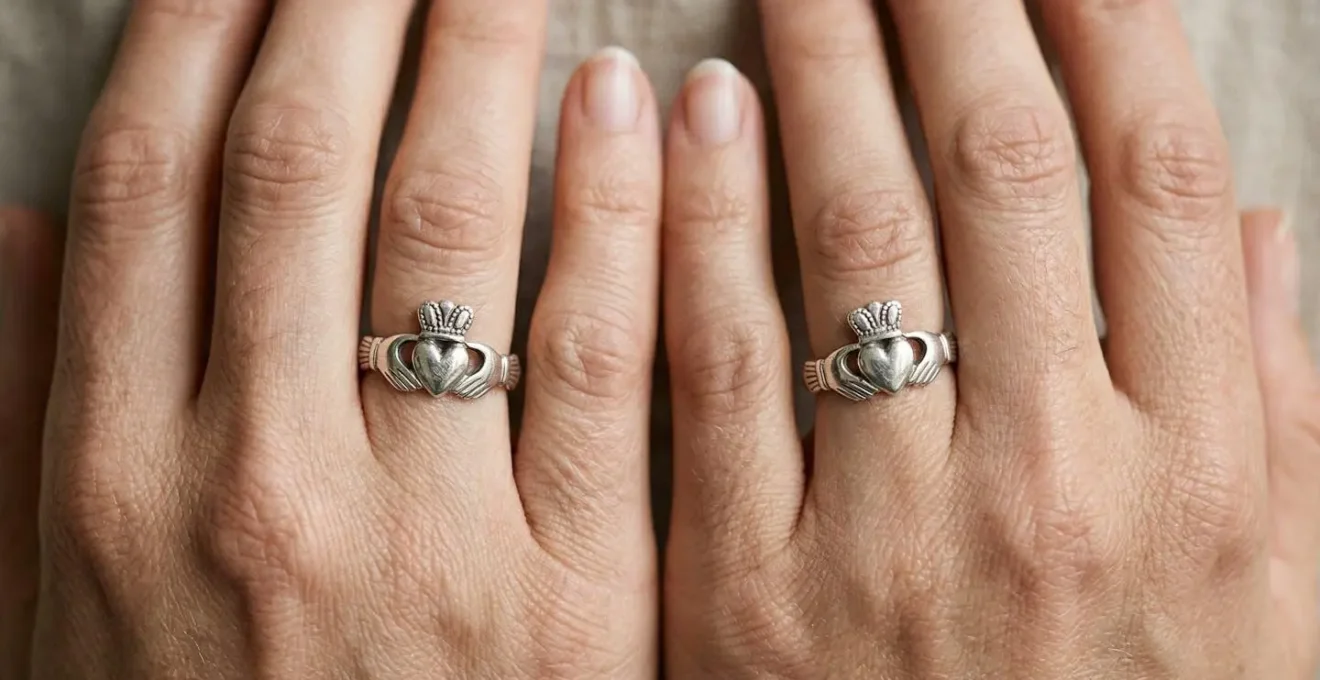 Close-up of hands demonstrating different Claddagh ring wearing positions