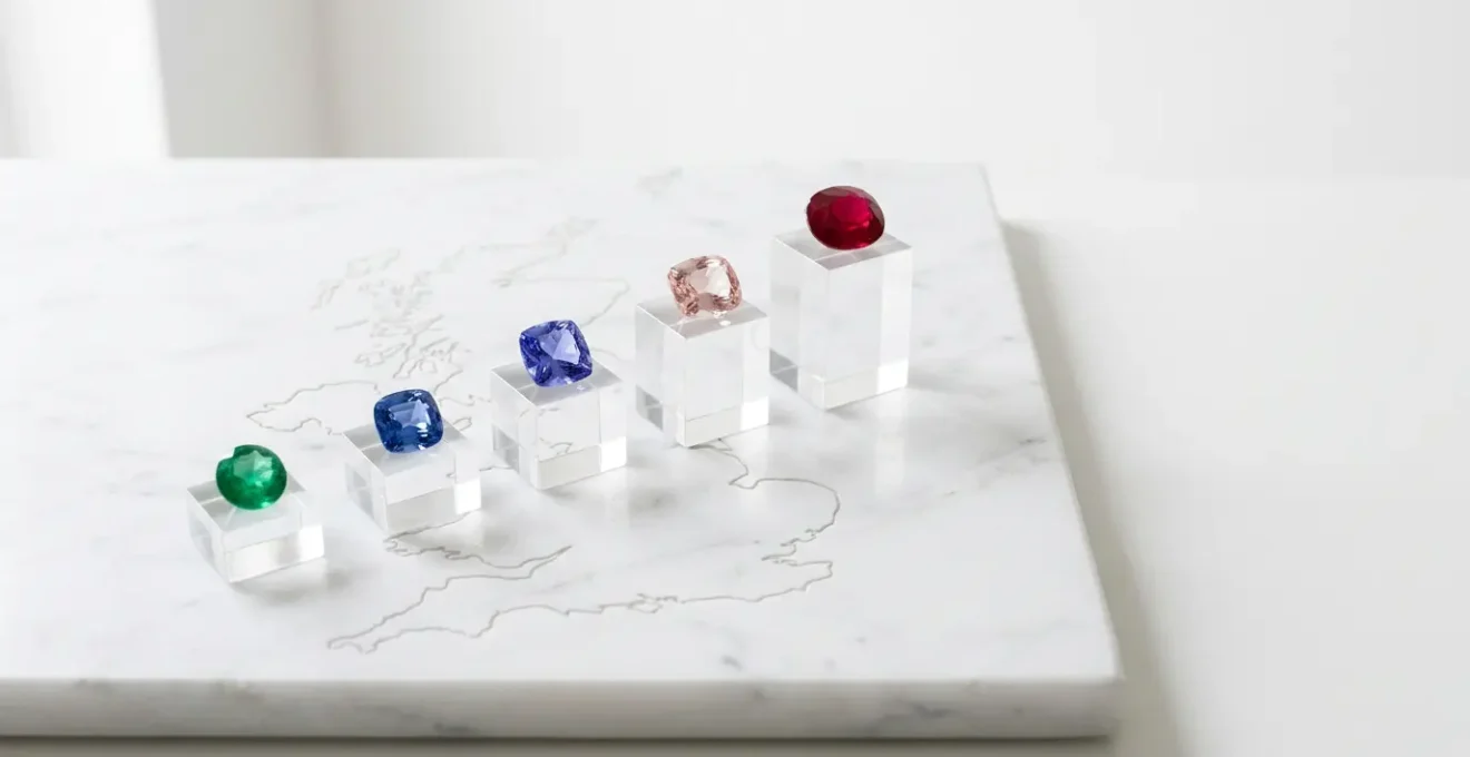 A professional comparison of various coloured gemstones showing their durability features for daily wear in UK jewellery