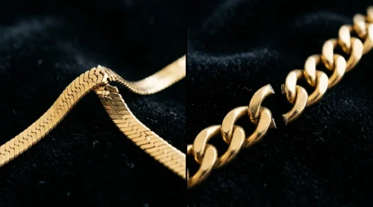 Macro close-up of broken gold chain links showing different chain types side by side