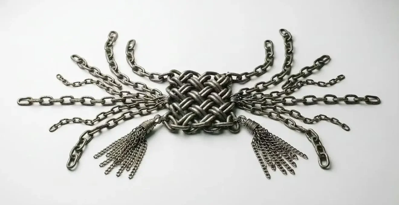 Broken gold chains arranged as creative jewelry elements, suggesting upcycling potential
