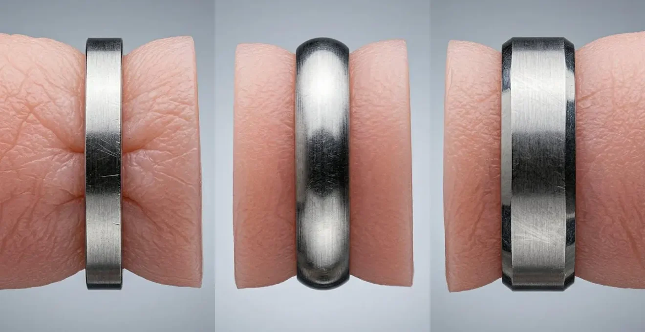 Macro cross-section view of three wedding ring profiles showing pressure distribution on finger tissue
