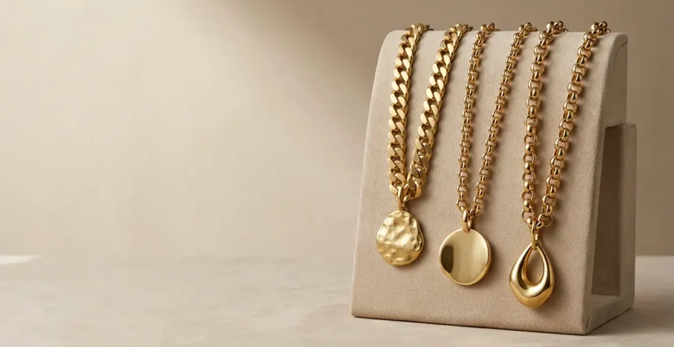 Elegant display of three gold chain types supporting heavy pendants against neutral velvet