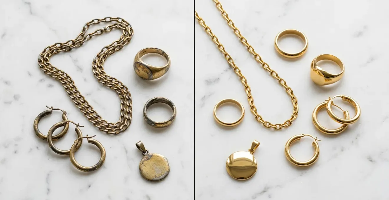 Split composition showing elegant vermeil rings alongside solid gold pieces on marble surface with subtle British lighting