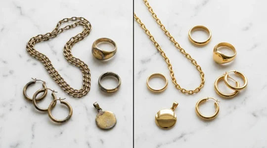 Split composition showing elegant vermeil rings alongside solid gold pieces on marble surface with subtle British lighting