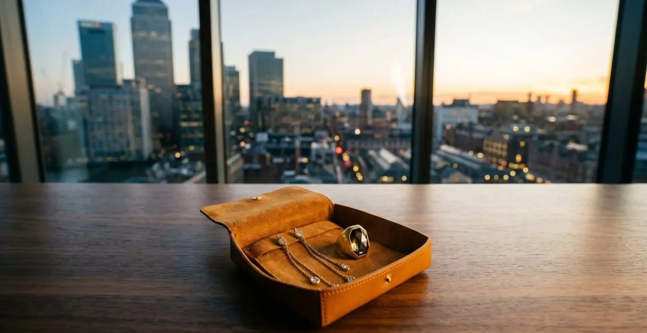 Professional jewelry transformation setup showing statement earrings and cocktail ring against London evening skyline