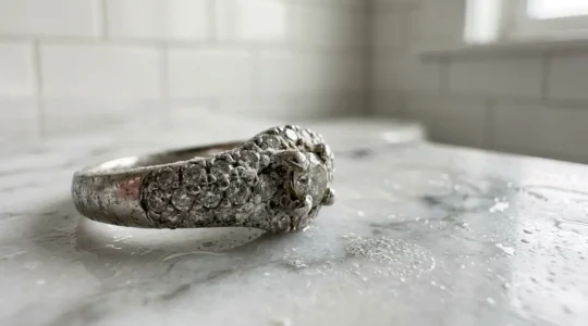 Close-up of a diamond ring showing mineral deposits from hard water