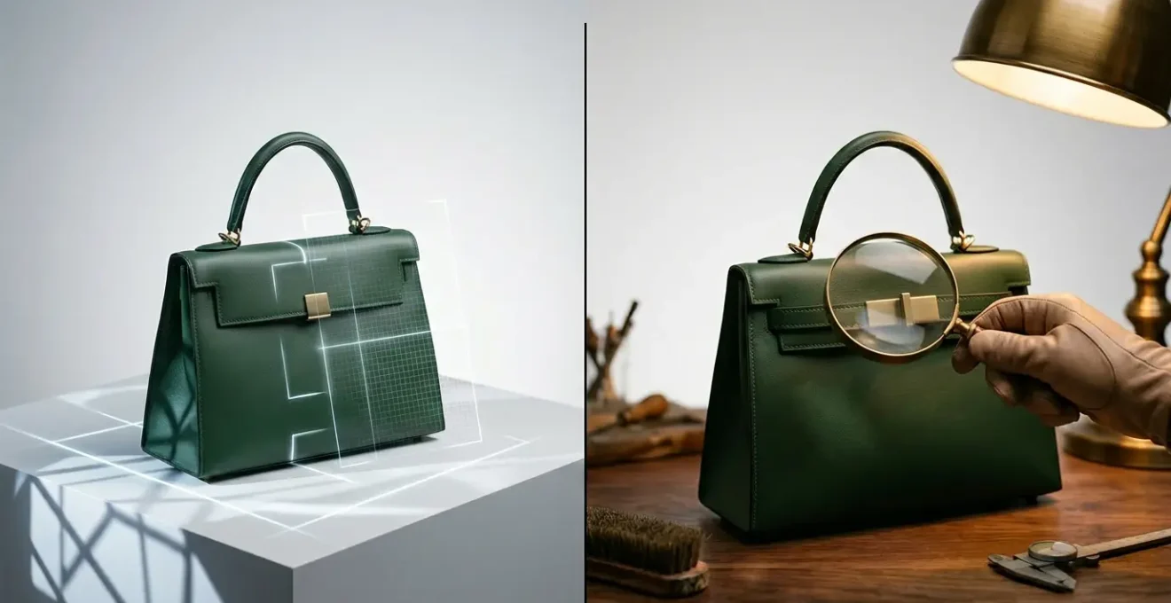 Split-screen comparison of luxury handbag authentication process with digital verification tools and expert examination