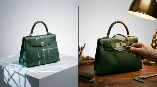 Split-screen comparison of luxury handbag authentication process with digital verification tools and expert examination