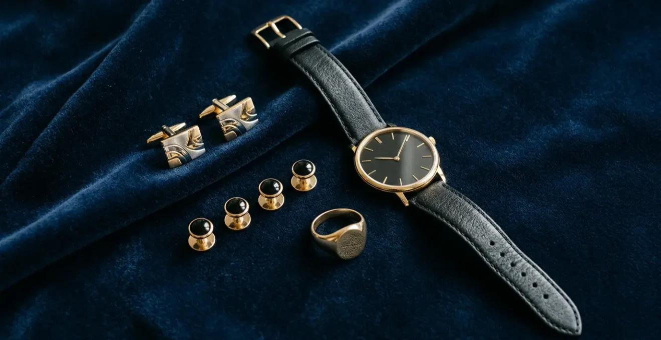 Elegant arrangement of formal jewelry including onyx cufflinks, mother of pearl studs, and a signet ring on dark fabric for black tie events