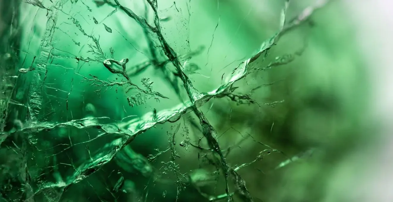Macro photograph showing internal fractures in an emerald gemstone caused by thermal shock