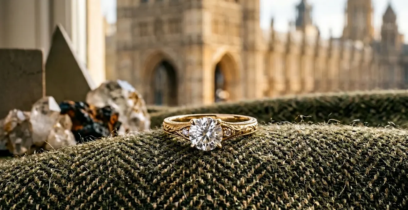 Luxurious gold engagement ring with ethical sourcing symbols in an elegant British setting