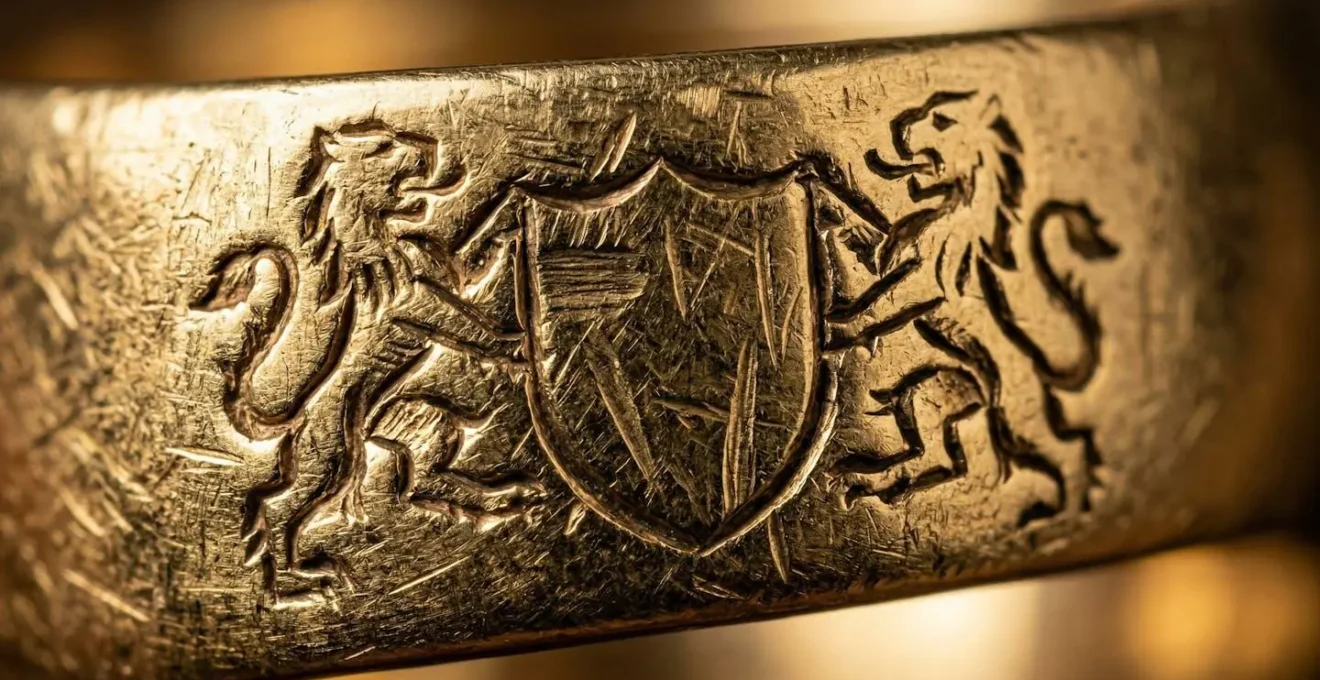 Extreme macro shot of engraved family crest detail on gold wedding band