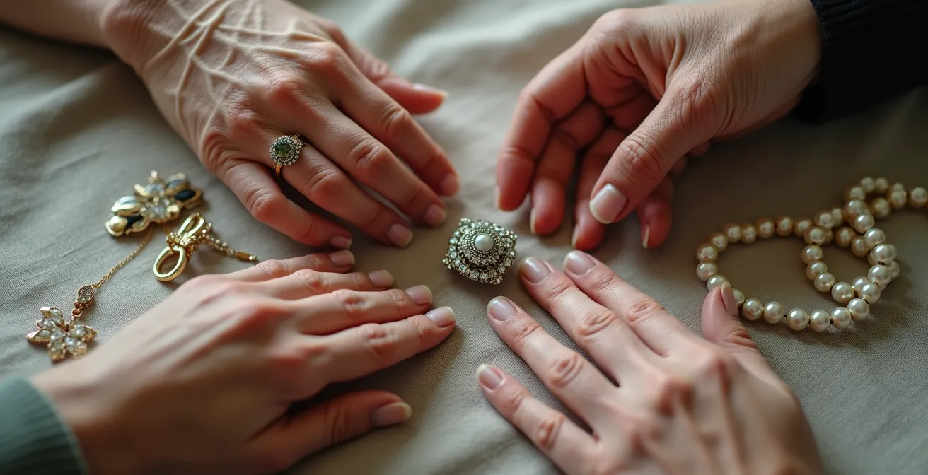 Multiple hands of different ages reaching toward vintage jewellery pieces arranged on a neutral linen surface, representing the emotional moment of inheritance division.