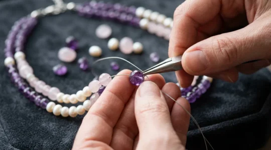 Close-up of a professional jeweler restringing a luxurious gemstone choker with silk thread